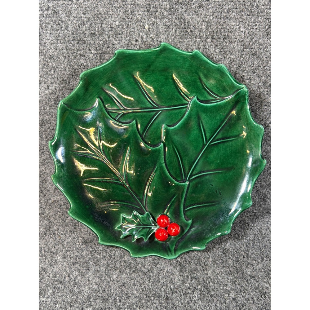 Vintage Lefton Holly Leaf Ceramic Candy Dish Christmas Green Red Berry 2048